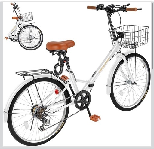 新品未使用　折りたたみ自転車 7段変速 24インチ 厚めのサドル リアキャリア・カゴ・ライト・ワイヤーロック・空気入れ付き 軽量 (ホ