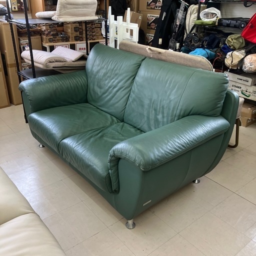 中古品　イタリア　ニコレッティ　総本革製2人掛けソファ　グリーン　幅160cm 公田店