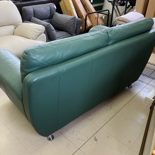 中古品　イタリア　ニコレッティ　総本革製2人掛けソファ　グリーン　幅160cm 公田店