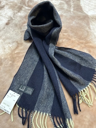 ダンヒルdunhillマフラー ストール ショール スカーフnavyネイビー紺色グレイグレー灰色ストライプヘリンボーン柄cashmereカシミヤカシミア100％イギリス製 英国製 スコットランド製メンズ（men’s）男性用、紳士