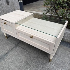 ガラスローテーブル　ドレッサー　収納付き　ホワイト　机の画像