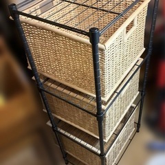 【天然素材バスケット収納ラック 3段 の画像