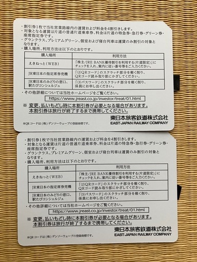 JR東日本株主優待券2枚　①
