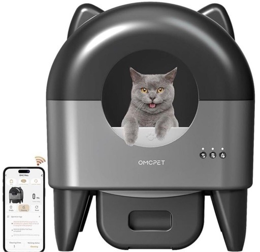 猫　自動トイレ　全自動猫トイレ　猫の排泄物を自動で掃除　専用のスマホアプリで管理できる機能　清潔　スタイリッシュ　モノトーン　黒