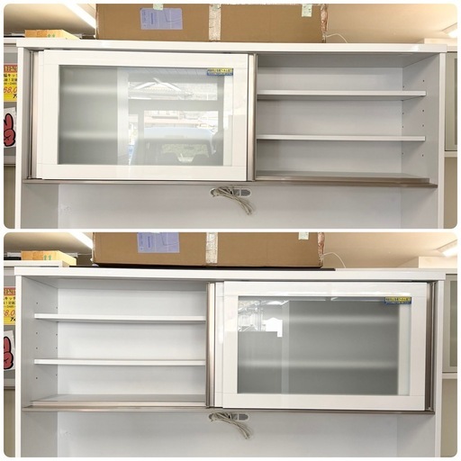【美品‼️】近藤産業 159cm幅キッチンボード 食器棚 収納家具 鏡面仕上げホワイト♪
