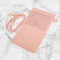 【新品】レーザー カットデザイン スマホショルダーバッグ ピンク ストラップ付きの画像