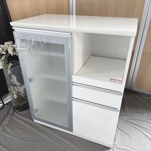 【美品】キッチンカウンター 幅90cm ホワイト / レンジ台・食器棚（スライド棚・引き出し付）