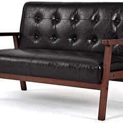 OSJ 2人掛けソファ ブラック レトロモダン / 合成皮革×天然木フレーム / 127×61×76cm【状態：綺麗】の画像