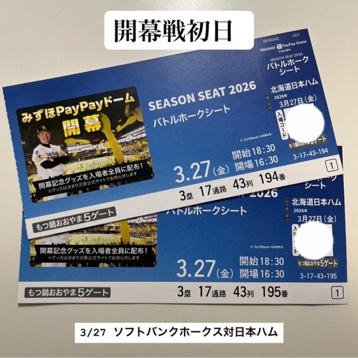 開幕戦初日 3/27 vs日本ハム S指定席