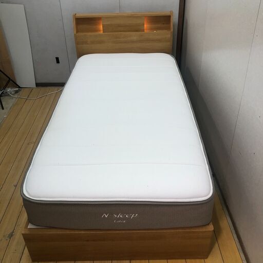 美品 ニトリ ジオ系 シングルベッド 収納付き 引き出し LED照明 コンセント付 Nスリープ マットレス付 ラテックス 美品 木製フ