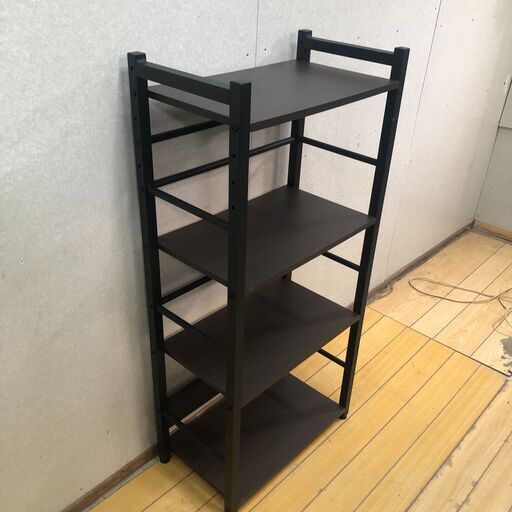 4段ラック 幅53 奥行30 高さ112cm スリム収納 木製棚 スチールフレーム ブラック シェルフ キッチンラック ランドリーラック 本棚 隙間収納　113004-4-004
