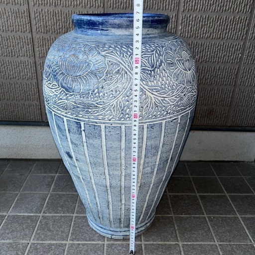 青色 陶器 花瓶 傘立て 彫刻模様 即購入OK