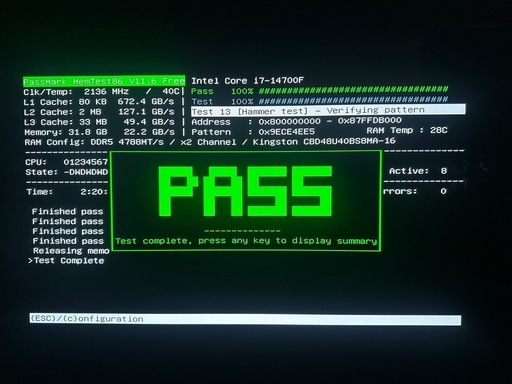 Kingston DDR5-4800 32GB (16GB ×2)ｴﾗｰﾁｪｯｸ･動作OK