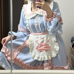 猫爪エプロン付き 水色×ピンク ロリータワンピースの画像