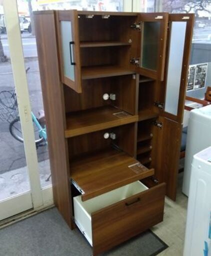 レンジボード 高さ154.5cm ブラウン系 木目調 コンセント×2ヶ所 キッチン収納 食器棚 レンジ台 収納家具 新生活 札幌市中央