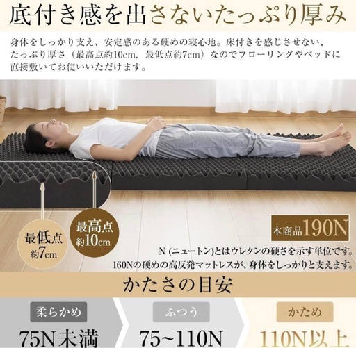 折りたたみマットレス シングル 三つ折り 高反発　10cm 190N 洗える