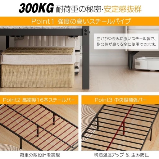 ベッドフレーム シングル ベッド 2口コンセント USB&Type-C パイプ