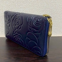 花柄　エンボス加工　長財布　ネイビーの画像