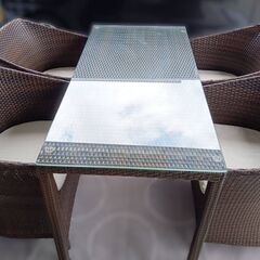 【B623】美品　人工ラタン　ガーデンファニチャーセット　ガラス天板　屋外OK　5点セットの画像