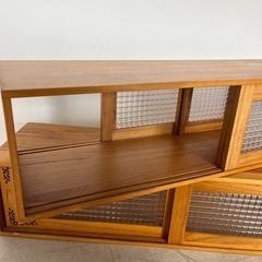 【2個セット】カウンター上収納 調味料入れ 幅90cm リーフ柄 ライトブラウン 上置き 引き戸 収納棚 両面開閉 木製 キッチン 台所 完成品の画像