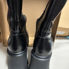 Belchicパンクスクエアトゥベルトバックルストラップミディアムブーツ厚底ロングブーツ ブーツ 黒 ブラック 編み上げの画像