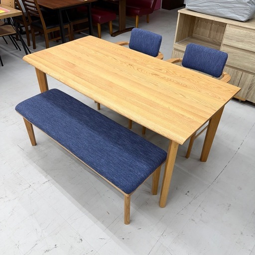 【超美品‼️】オシャレ♪ 150cm幅4人掛けダイニングテーブルセット 片側ベンチ 布張りネイビー 木製ナチュラルブラウン♪