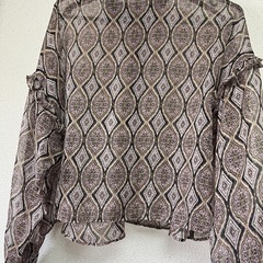 シアー ブラウス Sサイズ 総柄 フリル ハイネック 韓国ファッション ヴィンテージ風の画像