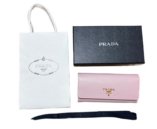 【美品】PRADA プラダ 長財布 サフィアーノ レザー ピンク ゴールドロゴ 箱付き 正規品 レディース