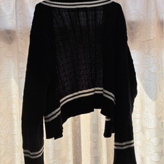 ワイドスリーブ胸刺繍カレッジ風ラインニットカーディガン(長袖) （ブラック）の画像