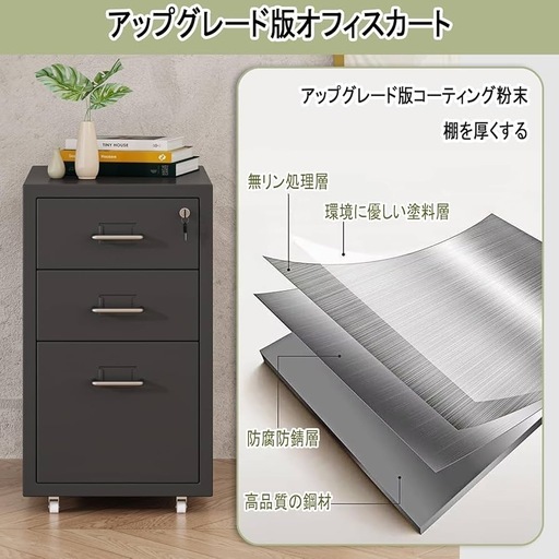 新品　デスクワゴン 3段 鍵付きキャスター付き 収納 スチール デスク サイドワゴン
