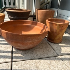 素焼き鉢・テラコッタ鉢 6点 ＋ フラワースタンド セット（中古）の画像