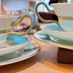 2A8133【ウェッジウッド】ユーランダー パウダーターコイズ ピオニー トリオ 2客 修復ありの画像