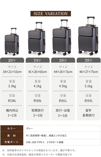 スーツケース フロントオープン 多機能 機内持ち込み 軽量 カップホルダー付きM