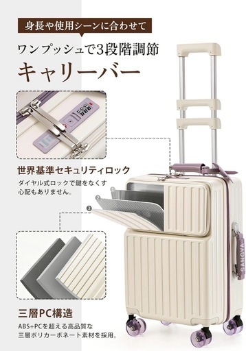 スーツケース フロントオープン 多機能 機内持ち込み 軽量 カップホルダー付きM