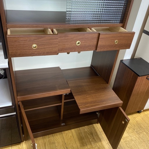 ⭐️美品⭐️NOCE 2面レンジボード 天然木 ウォールナット 北欧スタイル モダン スライドガラス No.3025 KE