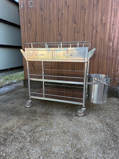 【美品】医療用 ステンレスワゴン カート 回診車 包帯交換車 引出2個 汚物缶付 3段