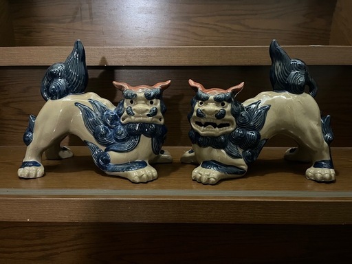 佐賀市内〜福岡春日間で取引可　【新品】琉球焼き 沖縄 宮城陶房 シーサー 置物 高さ約21㎝ 幅約25㎝ 2体 魔除けに 大きい