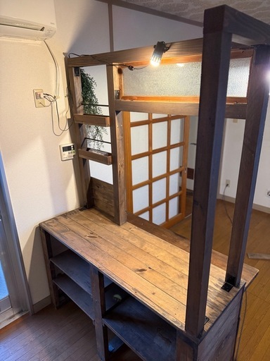 【店舗什器等に】アンティーク調キッチンカウンター/レジ台（擦りガラス・照明付）上下分解できます！価格交渉OK 