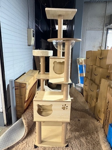 新品　立組立済み キャットタワー 木製 大型猫 据え置き 省スペース スリム 猫タワー 宇宙船2個 中型 シニア猫 キャットツリー お