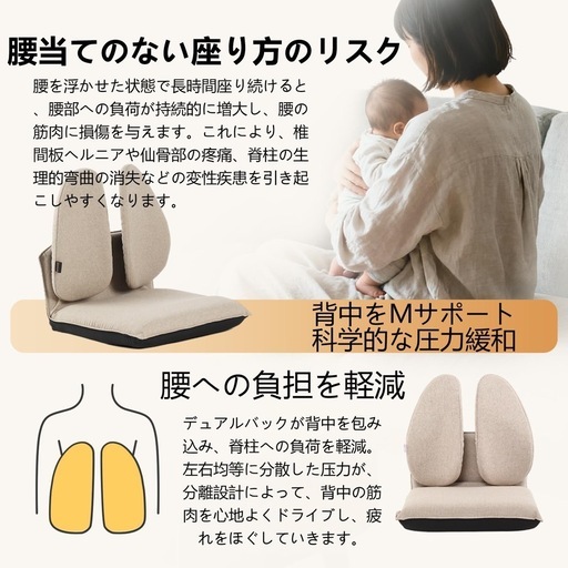 腰が痛くならない座椅子　人間工学 腰痛改善 5段階180°折りたたみ可能