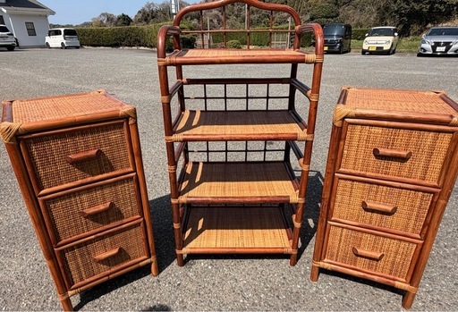 【美品】ラタン（籐）家具 3点セット チェスト2台＋棚1台 昭和レトロ アジアン家具 