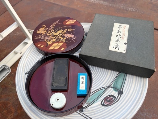 本漆塗 硯箱 秋草の図 書道セット 和小物 インテリア 共箱付き