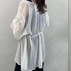 ドット 水玉 リボン フリル シアーシャツ ウエストマーク 細見えの画像