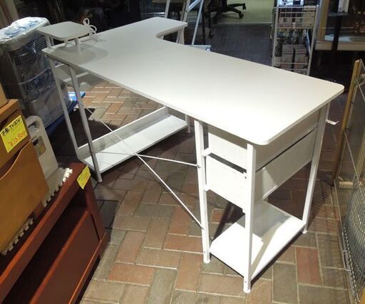 L字デスク 幅140cm パソコンデスク ホワイト 収納/ラック付き ゲーミングデスク モニター台付き 通し穴あり PCデスク 札幌市東区 新道東店