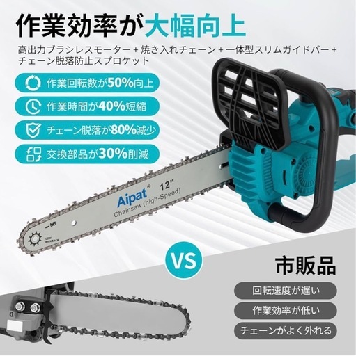 電動チェーンソー 充電式 12インチ ブラシレスモーター 大容量バッテリー2個付 18V互換 PSE認証済 収納ケース付 家庭用
