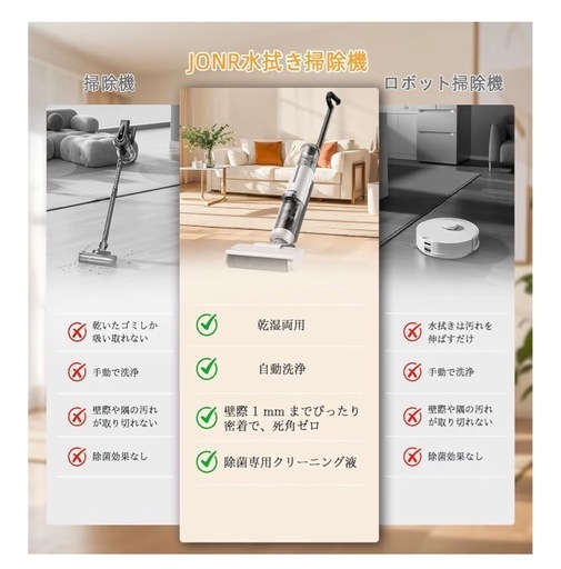 水拭き掃除機 【日本最軽量】吸引・水洗い・拭き取り3in1 コードレス