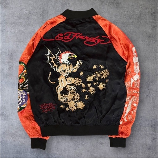 【日本限定】Ed Hardy 龍 リバーシブル サテン スカジャン 黒x橙