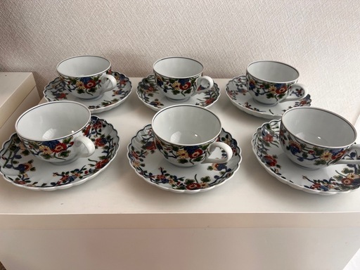 【有田焼】【源右衛門窯】 古伊万里風草花菊渕 碗皿 コーヒーカップ　6個セット