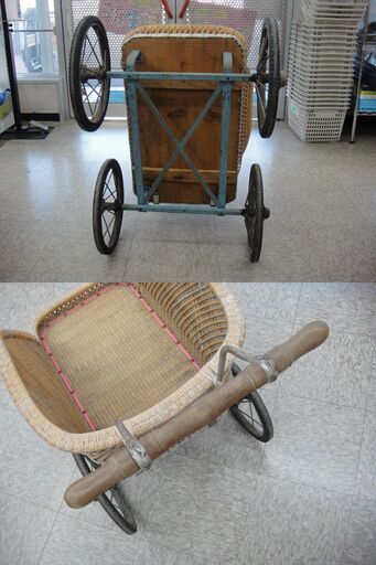 珍しいデザイン？ 乳母車 籐製 手押し車 4輪 籐籠 ラタン【モノ市場 