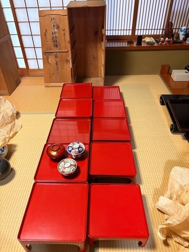 【本漆朱塗】御膳 5台セット（大小揃い）明治アンティーク 骨董